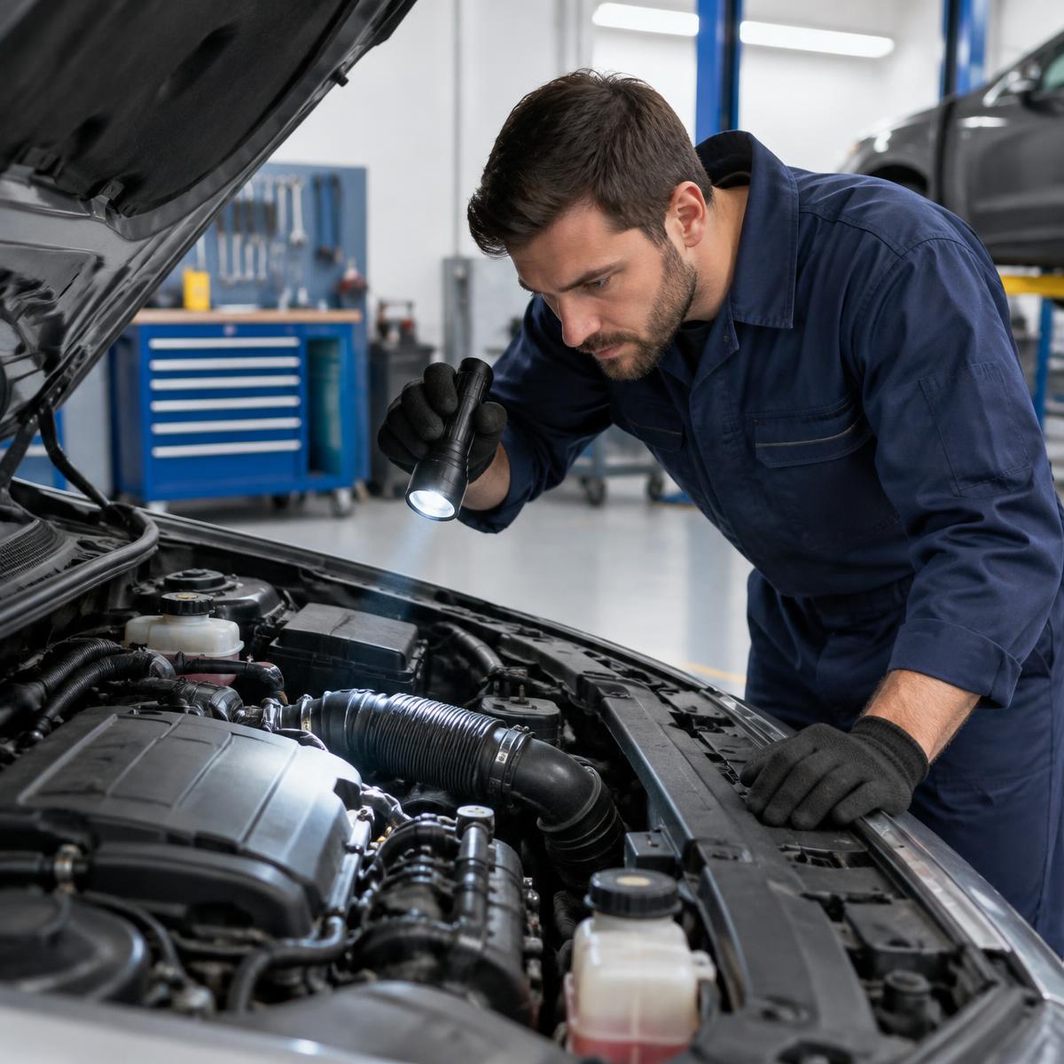 Mecânico inspecionando motor
